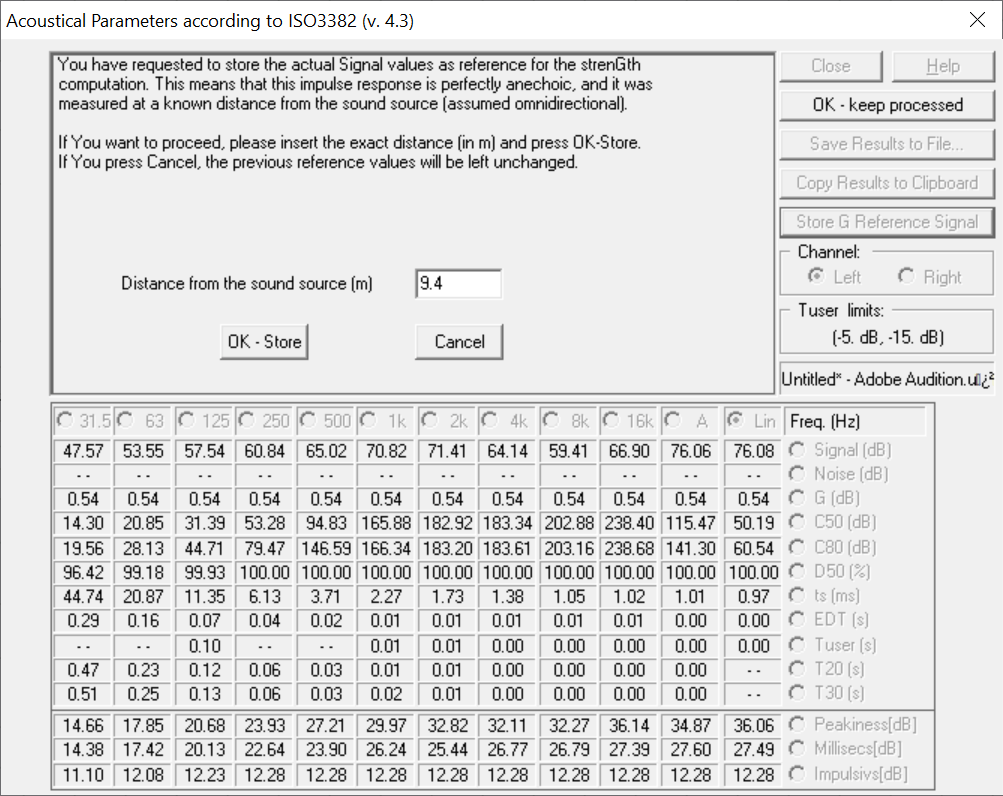 Screenshot of the Acoustical Parameters module, showing how to store the distance between source and receiver